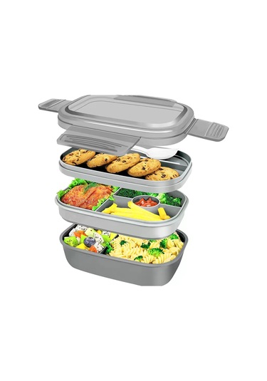 Okul Ve Ofis İçin Pratik Beslenme Çantası - Çocuklara Özel Bölmeli, Mikrodalgaya Uygun, Sızdırmaz Yemek Kabı Meyve & Salata Saklama Gray