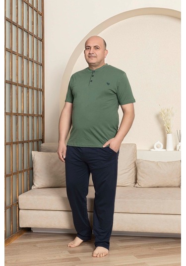 Erkek Geniş Kalıp %100 Pamuk Kısa Kol Cepli Büyük Beden Pijama Takımı Yeşil
