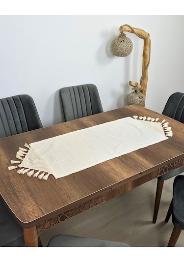 El Dantelli Püsküllü Runner Ranır Örtü Buldan Işi Monika Keten Sehpa Masa Üstü Örtüsü Şömen 45x100