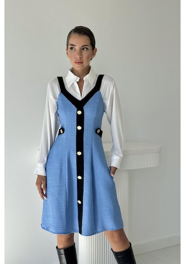 Mavi Siyah Süs Cepli Askılı Elbise siyah