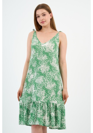 Bağlama Detaylı Askılı Volanlı Elbise B24-425-01 Yeşil