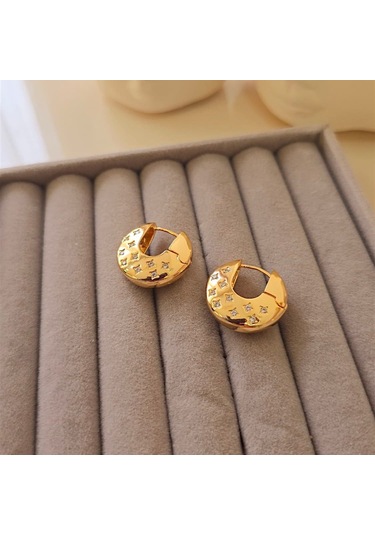 Yıldız Taşlı Oval Halka Çelik Küpe Altın