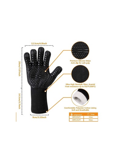 Jeemson Islakken Isı Dayanımı Düşer 1472 F'ye Kadar Dayanıklı, Kesilmeye Dayanıklı, El Ve Bilek Koruyucu, Esnek Parmaklı, Yıkama Makinesine Uygun Mangal/ Fırın Eldiveni Siyah