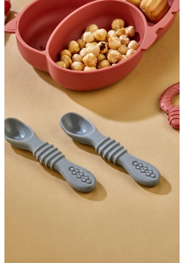 2'li Silikon Bebek Beslenme Seti / Bölmeli Mama Tabağı / Mama Kaşığı - Kiremit Rengi Kiremit