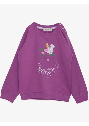Kız Çocuk Pamuklu Cep Detaylı Sweatshirt-14369 Mor