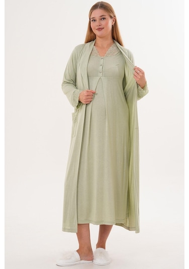 Mecit Pijama Mecit 6331 Yeşil Sabahlıklı Lohusa Gecelik Takım