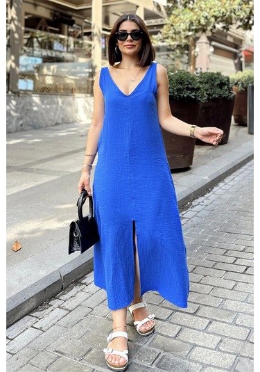 İndigo Askılı İthal Müslin Kumaş, Önü Ve Arkası V Yaka, Önden Yırtmaçlı, Maksi/uzun Salaş Elbise Indigo