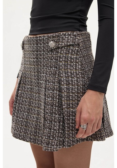 Quzu Pileli Düğme Aksesuarlı Tüvit Kahverengi Kadın Etek Etk00879 Kahverengi