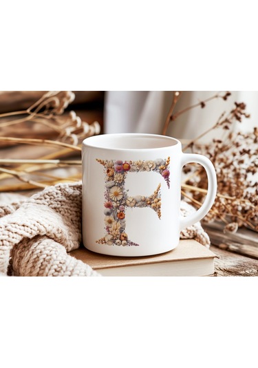 F Harfi Çiçek Desenli Kupa Bardak - Alfabe Harfleri İle Doğal Çiçekli Kupa - Hediye Fikir Beyaz