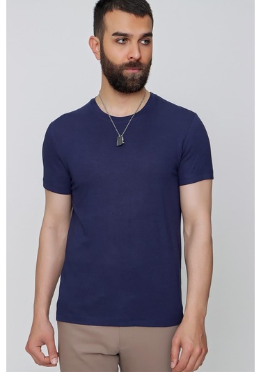 Slim Fit Bisiklet Yaka Düz Pamuklu Lacivert Tişört Ts 823 Lacivert