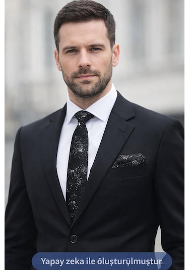 Gaffy Beyaz Desenli Siyah Dokuma Kumaş Mendilli Slim Fit Kravat // Sdk-2613-1 Siyah