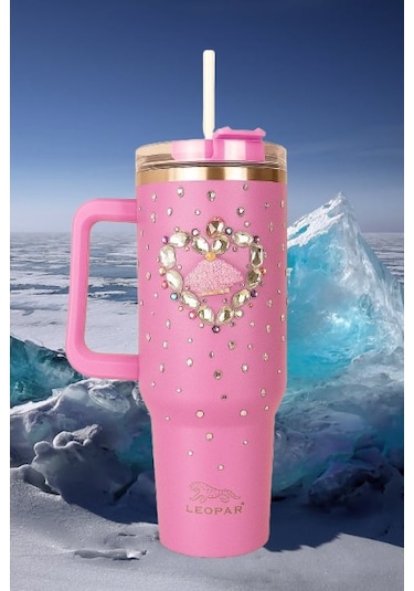 Pipetli 1,2 Litre Kulplu Çelik Termos Renkli Üzeri Taş İşlemeli - Pembe Pembe