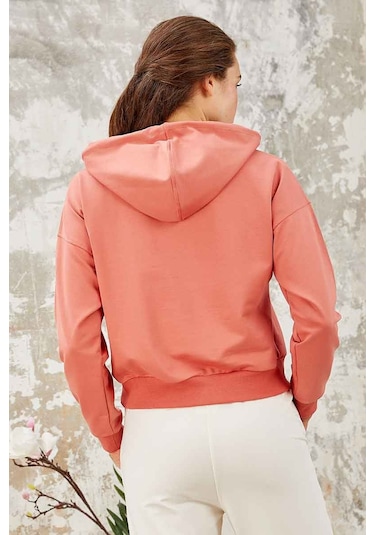 Tommy Life Pudra Uzun Kol Rahat Form Kapüşonlu Kadın Sweatshirt - 97115 Pudra