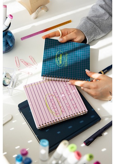 15x16 Spiralli Karton Kapak 2'li Çizgili Not Defter Seti - Lacivert Çok Renkli