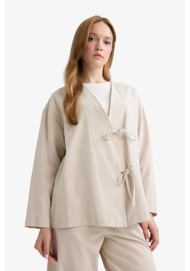 Defacto Regular Fit V Yaka Keten Karışımlı Kimono F7958ax25aubg702 Bej
