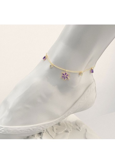 İndigo Takı Ametist Taşlı Lotus Çiçeği Altın Kaplama Gümüş Halhal Çok Renkli