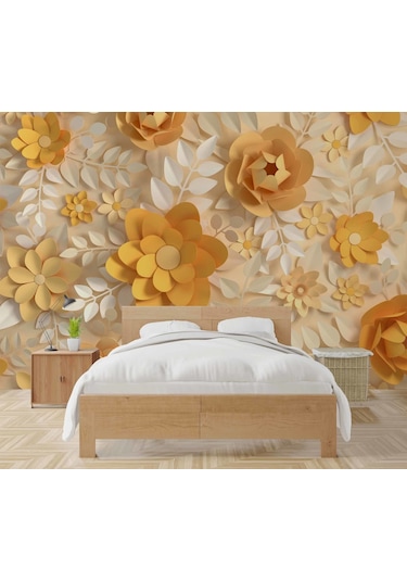 3 Boyutlu Kağıt Sarı Kabartma Çiçek Duvar Kağıdı