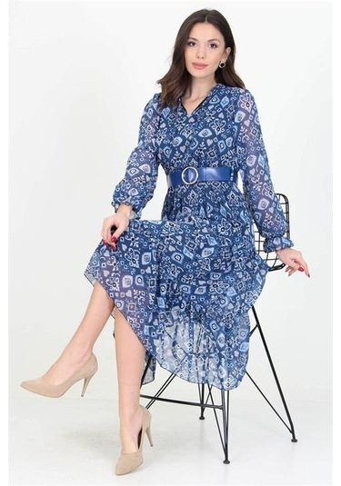 Neşeli Butik Kadın Kemerli Yakası Bağlama Detaylı Desenli Şifon Elbise Rssn02 Mavi