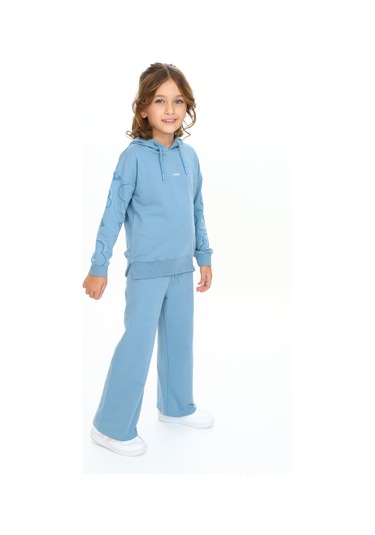 Toontoy Kız Çocuk Kapüşonlu Kol Çiçek Baskılı Eşofman Takım Mavi
