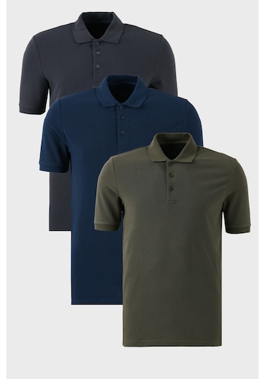 Buratti Pamuklu Regular Fit Düğmeli Polo Yaka 3'Lü Paket Erkek T Shirt 5902127S3 Antrasit-Haki-Indigo