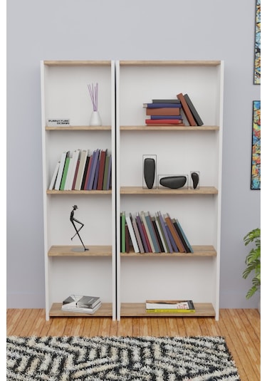 5 Raflı Arkalıklı Kitaplık Seti 1 Dar 1 Geniş 170cm Beyaz - A.çam