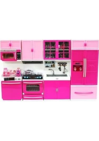 Kayyum Oyuncak 4'lü Büyük Boy Tüm Kapakları Açılan Işıklı Mutfak Seti Pembe