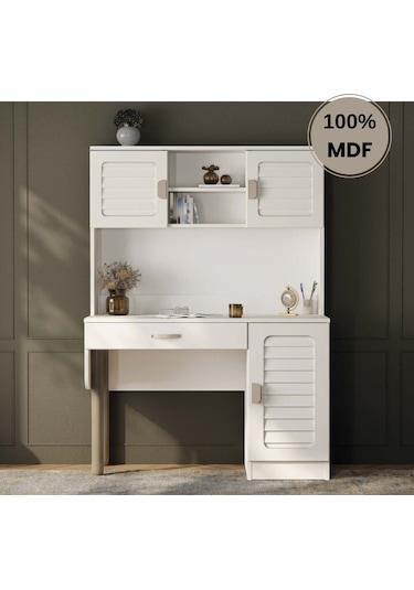 Lavanta Mdf Kitaplıklı Dolaplı Çalışma Masası Krem