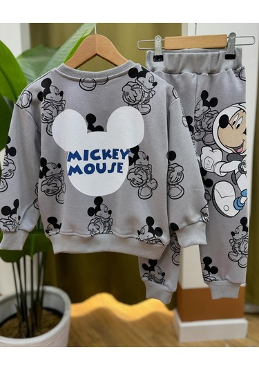 Kız Erkek Çocuk Unisex Astronot Mickey Baskılı Disney Alt Üst Takım Eşofman Takımı Gri