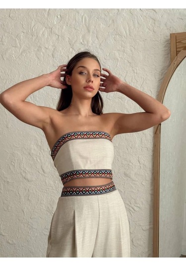 Aztek Motifli Şerit Korse Crop Cepli Lastikli Palazzo Pantolon Modern Etnik Yazlık Boho Keten Takım Bej Aztek Motifli Şerit Korse Crop Cepli Lastikli Palazzo Pantolon Modern Etnik Yazlık Boho Keten Takım Bej