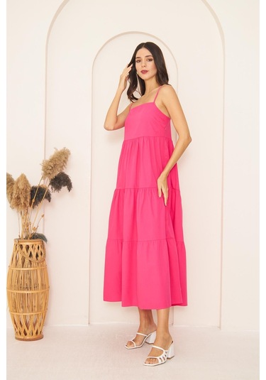 Fuşya İnce Askılı Katlı Elbise Dm1034 Fuşya