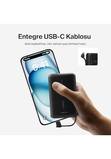 Belkin Boostcharge Powerbank, Type-c Kablolu 10k Pd 20w, Siyah