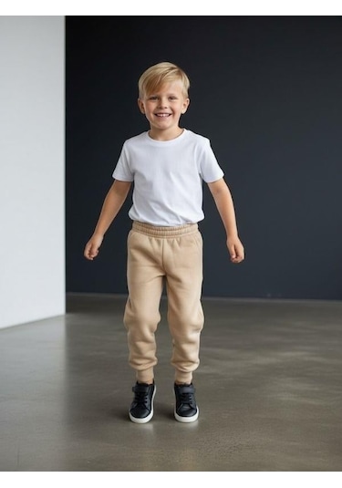 Zekids Erkek Çocuk İçi Şardonlu Kalın Eşofman Alt-16658 Bej