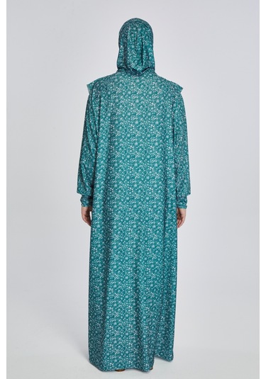 Pratik Tek Parça Çiçek Desenli Namaz Elbisesi Petrol Petrol Mavi