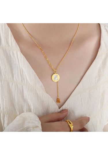 Japon Ve Kore Çizgi Film Ayı Altın Kaplama Püsküllü Kolye - Tatlı Titanyum Çelik Takı Altın Rengi