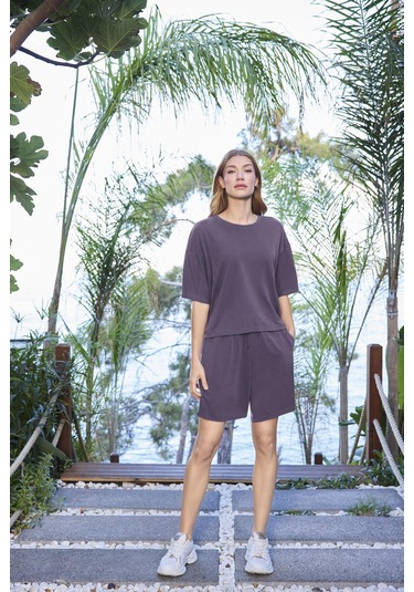 Monamise Kadın Kısa Kollu Bisiklet Yaka Alt Üst Takım 25080 Mor