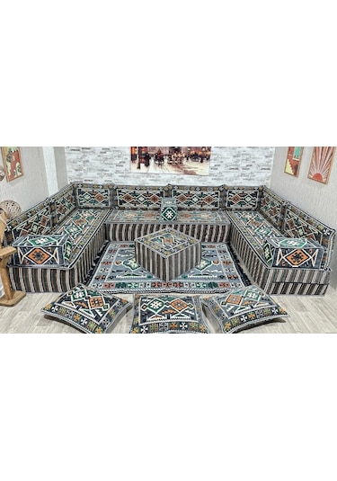 Coton Şark Köşesi Otantik Desenli 30 Cm Lüks Minder Takımı Konsept Antrasit Gri Antrasit