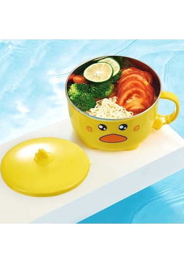 Sevimli Ördek Ramen Kasesi - Paslanmaz Çelik, Kapaklı, Meyve Ve Erişte İçin Sarı