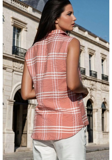 Pudra Gömlek Yaka, Ekose Desenli, Kolsuz Gömlek Pudra