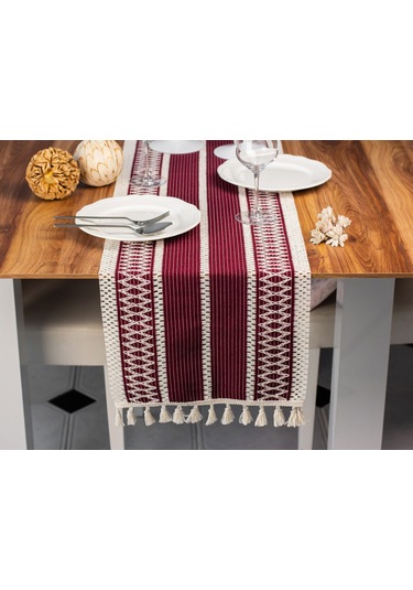 Pamuk Örme Püsküllü Dantel Bordo Runner 35x145