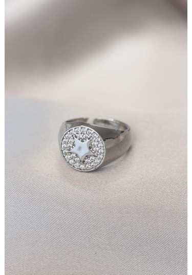 Gümüş Renk Zirkon Taşlı Plaka Yıldız Yüzük Gümüş