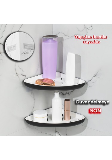 Porsima 0447 2'li İstiridye Banyo Köşe Rafı Yapışkanlı Raf Siyah