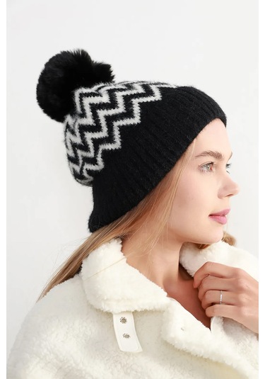 Zigzag Desenli Kadın Bere Rkş-19 Beyaz Siyah Siyah