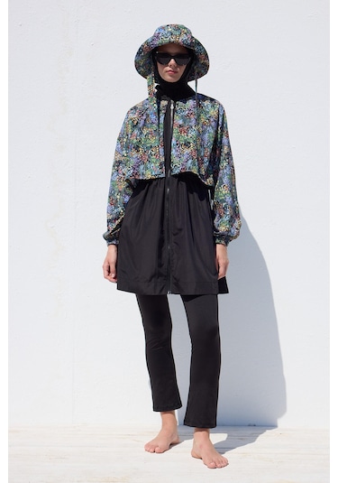 Manuka Rüzgarlıklı 3'lü Tesettür Mayo Takımı Tıny Flower Çok Renkli - Siyah