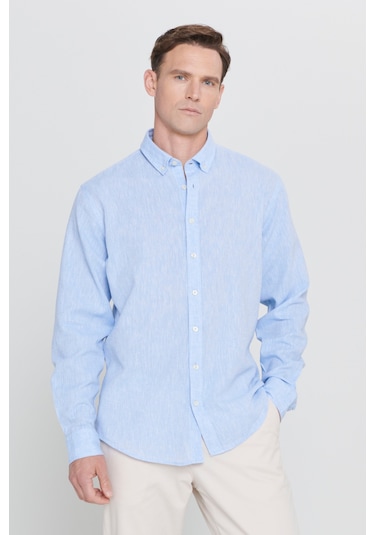 Erkek Mavı Comfort Fit Rahat Kesim Düğmeli Yaka Keten Gömlek Mavi