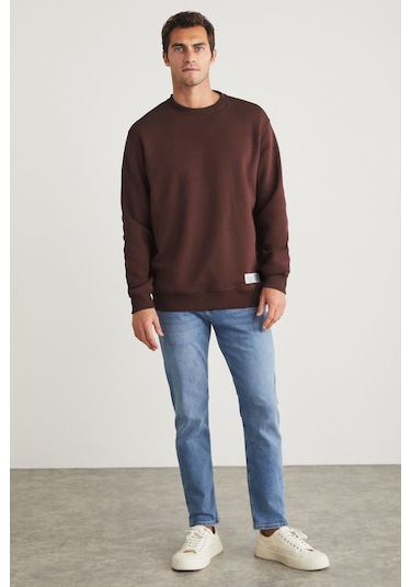 GRIMELANGE Travıs Erkek Organik Kumaşlı Yumuşacık Regular Fit Yuvarlak Yakalı Kahverengi Sweatshirt Kahverengi