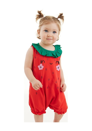Denokids Tatlı Çilek Kız Bebek Pamuklu Yazlık Tulum Çok Renkli