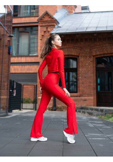 Kırmızı Yırtmaçlı İspanyol Paça Spor Tayt Kırmızı