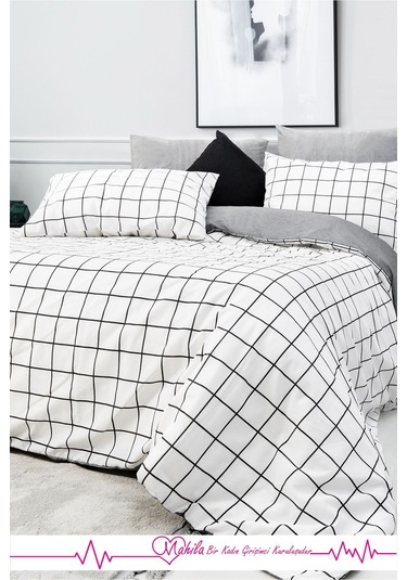 Battal Boy Lüks Pamuklu Nevresim Seti Beyaz Kare Desen Çok Renkli