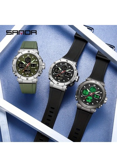 Oldfriend Sanda Yeşil Erkek Spor Saati Çift Ekran Su Geçirmez Koşu Alarm Takvim Diğer