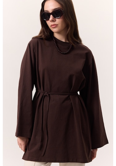Bağlama Detaylı Oversıze Tshırt Acı Kahve Acı Kahve Kahverengi